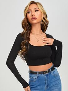 SHEIN PETITE Scoop Neck Crop Slim Tee - Black - View 3