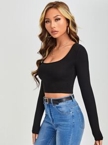 SHEIN PETITE Scoop Neck Crop Slim Tee - Black - View 5