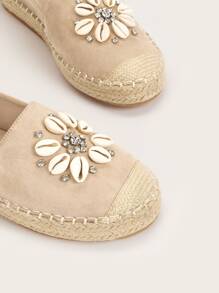 水鑽裝飾一腳蹬草編平底鞋 - 杏色 - 查看 3