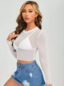 SHEIN PETITE 立領網紗上衣不附胸罩 - 白色 - 查看 3