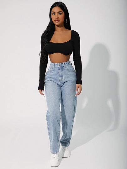 SHEIN PETITE Jeans de mujer de denim grueso, para mujeres de talla pequeña