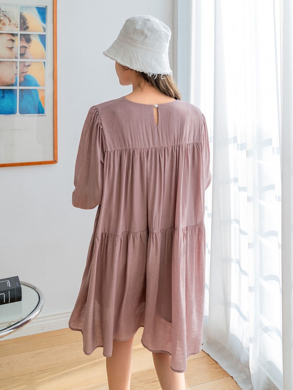 Bishop Sleeve Keyhole Back Smock Dress