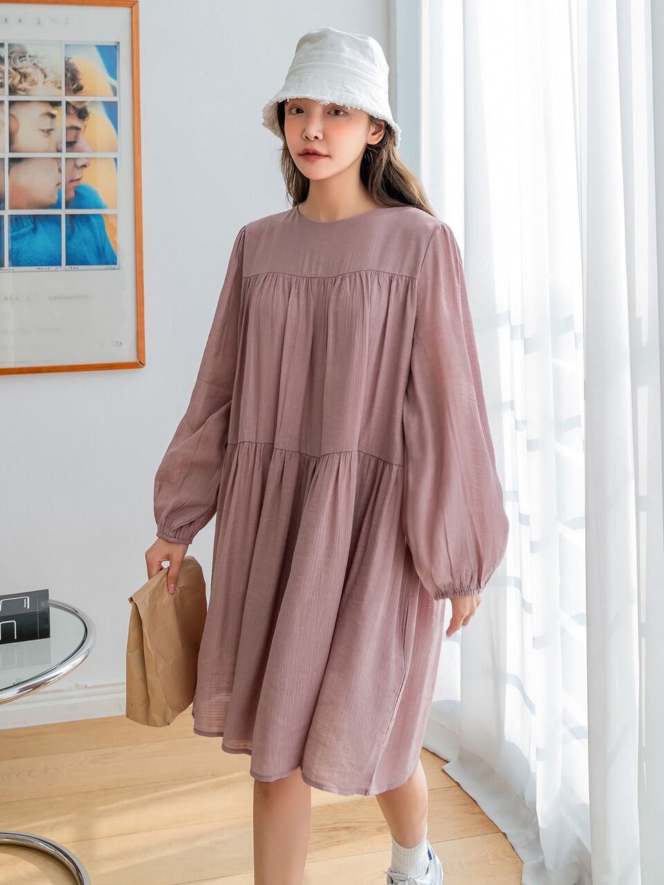 Bishop Sleeve Keyhole Back Smock Dress