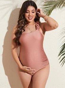 SHEIN Traje de baño de una pieza con un hombro y drapeado para maternidad, para el verano y la playa