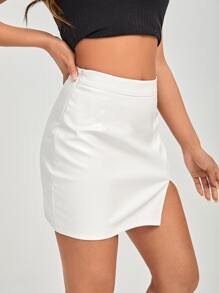 SHEIN PETITE 開衩下擺PU皮裙