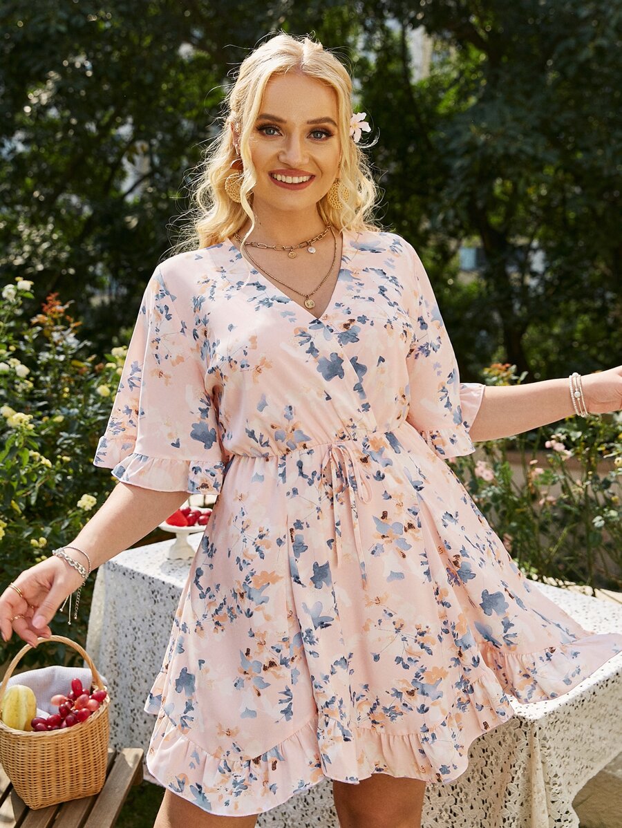 Simplee Đầm Plus Size Dây kéo Viên lá sen Trọn gói Hoa Boho - Nhiều màu - Xem 1