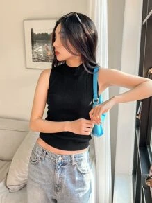 DAZY Solid Mock Neck Sleeveless Top - Black - View 3