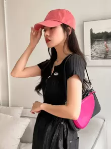 DAZY Letter Embroidery Zip Up Ribbed Top - Black - View 3