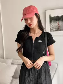 DAZY Letter Embroidery Zip Up Ribbed Top - Black - View 4