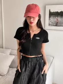 DAZY Letter Embroidery Zip Up Ribbed Top - Black - View 5