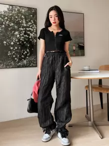 DAZY Letter Embroidery Zip Up Ribbed Top - Black - View 6