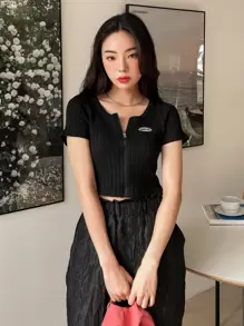 DAZY Letter Embroidery Zip Up Ribbed Top - Black - View 7