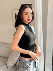 DAZY Solid Mock Neck Sleeveless Top - Black - View 5