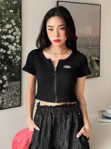 DAZY Letter Embroidery Zip Up Ribbed Top - Black - View 8