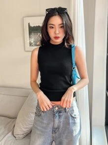 DAZY Solid Mock Neck Sleeveless Top - Black - View 6