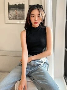 DAZY Solid Mock Neck Sleeveless Top - Black - View 7