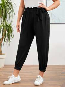 Mulvari Plus Solid Paper Bag Waist Bow Pants