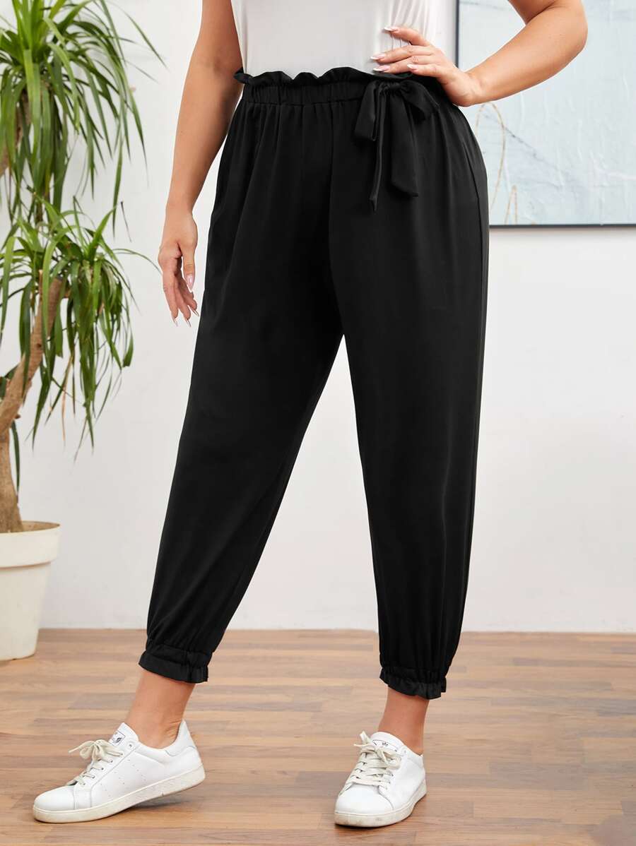 Mulvari Plus Solid Paper Bag Waist Bow Pants