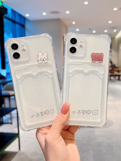2pcs Cartoon Graphic Clear Phone Case With Card Slot Compatible With iPhone15/15Plus/15Pro/15Promax