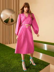 SHEIN VCAY Solid Wrap Tie Front Puff Sleeve Blouse - Hot Pink - View 5