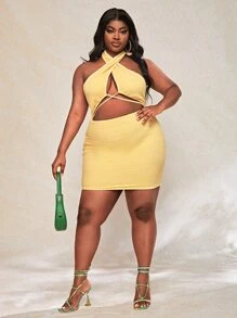 Slaydiva Plus Cut Out Front Halter Neck Bodycon Dress - Yellow - View 1