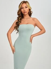 SHEIN PETITE Split Back Tube Dress - Mint Green - View 6