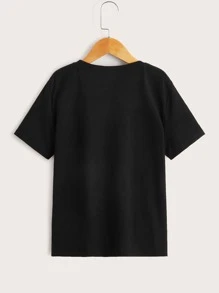 SHEIN Playera de manga corta para niños preadolescentes con diseño de auriculares reflectantes, ropa de verano informal - Negro - Ver 2