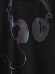 SHEIN Playera de manga corta para niños preadolescentes con diseño de auriculares reflectantes, ropa de verano informal - Negro - Ver 4