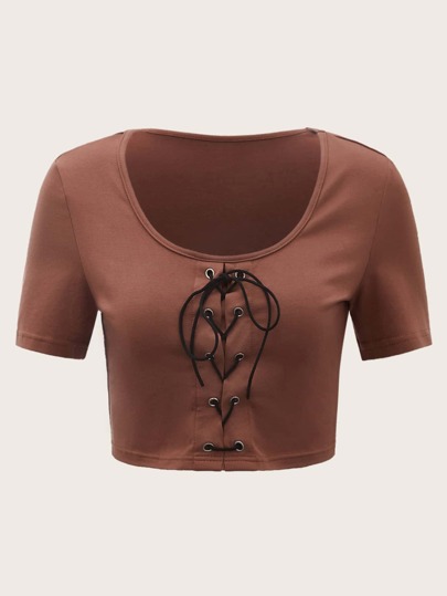 ROMWE Lace Up Front Crop Tee