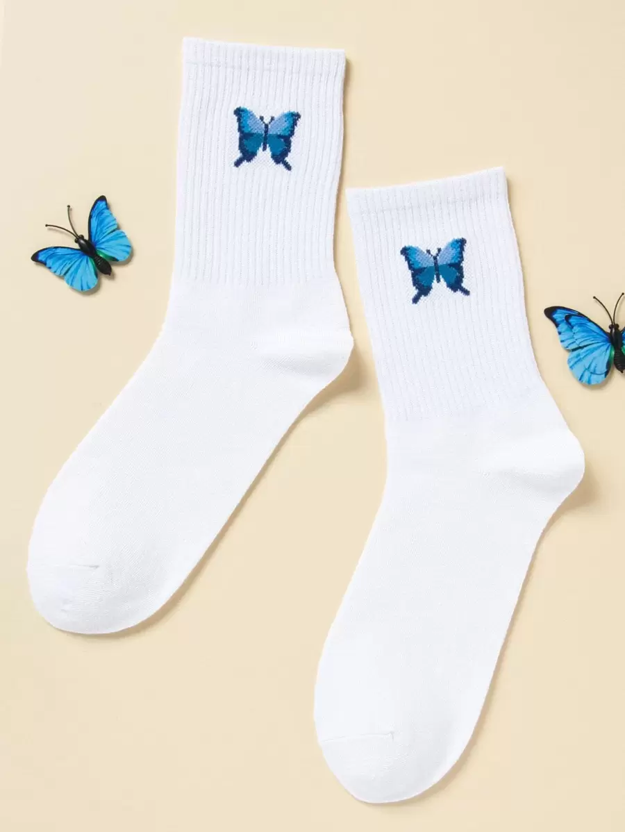 Butterfly Print Crew Socks - White - View 1