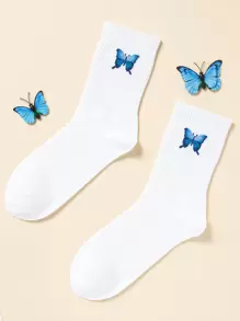 Butterfly Print Crew Socks - White - View 2