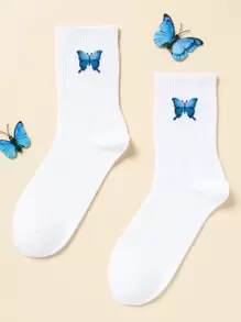 Butterfly Print Crew Socks - White - View 3