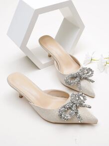 Rhinestone Bow Decor Point Toe Stiletto Heeled Mule Pumps - Apricot - View 1