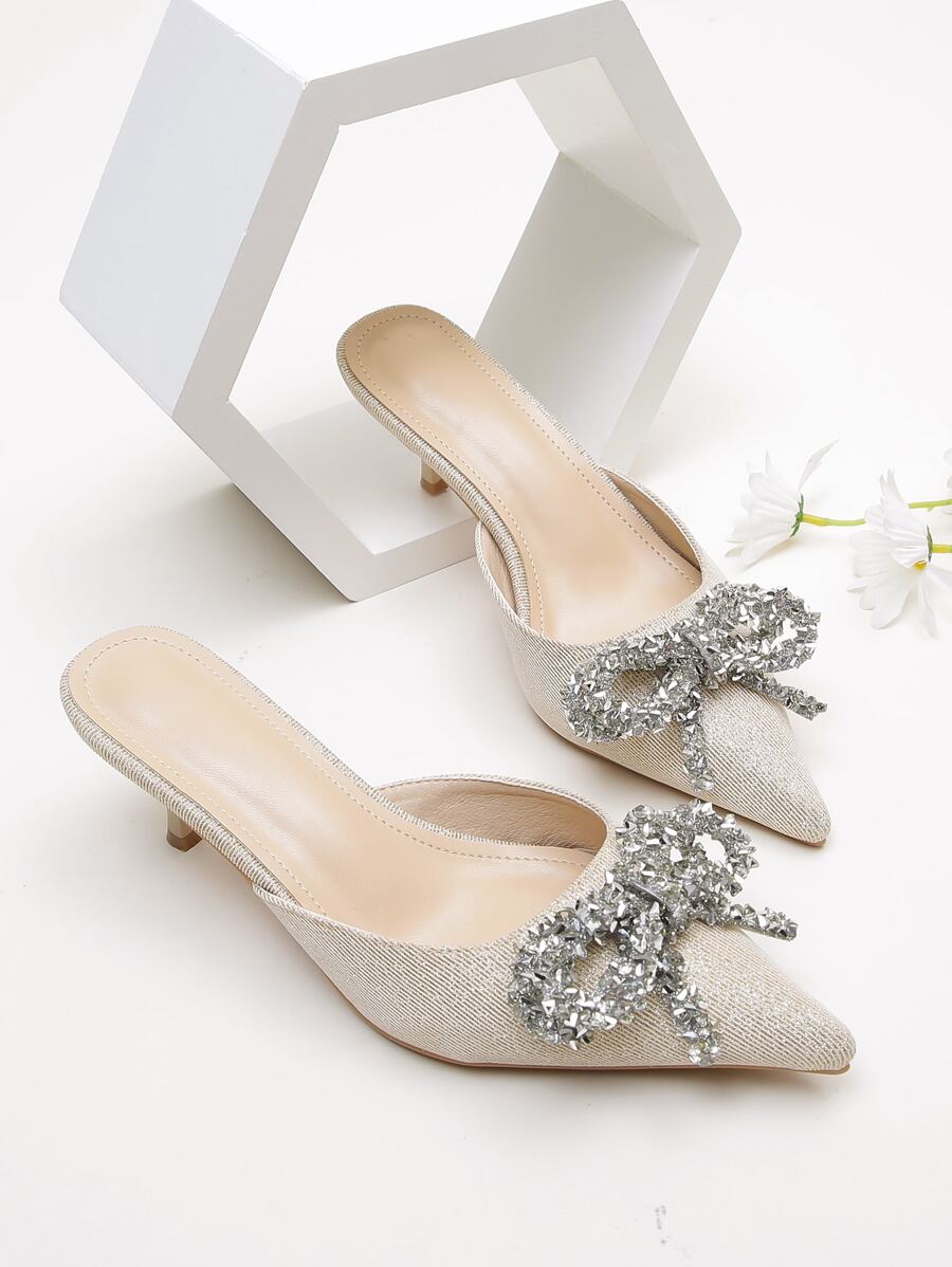 Rhinestone Bow Decor Point Toe Stiletto Heeled Mule Pumps - Apricot - View 1