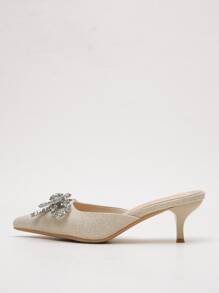 Rhinestone Bow Decor Point Toe Stiletto Heeled Mule Pumps - Apricot - View 3