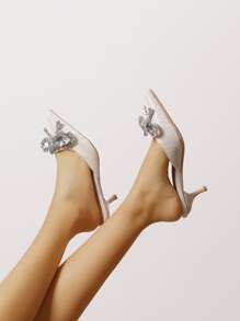 Rhinestone Bow Decor Point Toe Stiletto Heeled Mule Pumps - Apricot - View 4