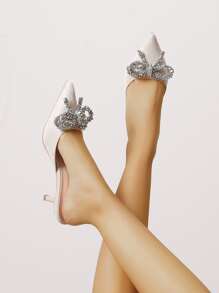 Rhinestone Bow Decor Point Toe Stiletto Heeled Mule Pumps - Apricot - View 5