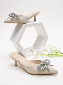 Rhinestone Bow Decor Point Toe Stiletto Heeled Mule Pumps - Apricot - View 6