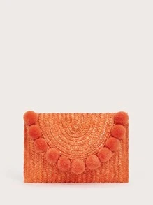 絨球裝飾草編手拿包 - 珊瑚橙 - 查看 3