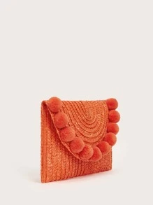 絨球裝飾草編手拿包 - 珊瑚橙 - 查看 4