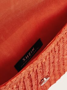 絨球裝飾草編手拿包 - 珊瑚橙 - 查看 6