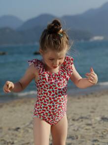 Niñas Bañador una pieza con estampado de sandía ribete con fruncido - Multicolor - Ver 1