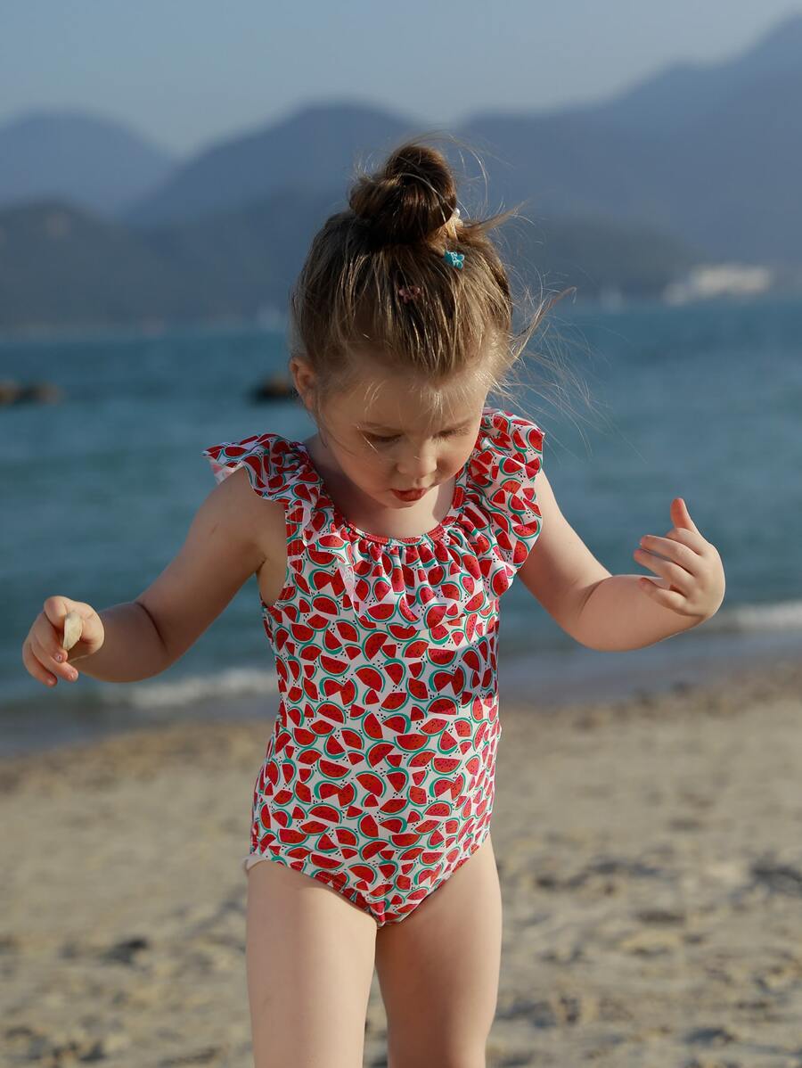 Niñas Bañador una pieza con estampado de sandía ribete con fruncido - Multicolor - Ver 1