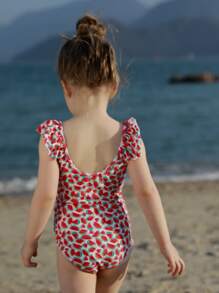 Niñas Bañador una pieza con estampado de sandía ribete con fruncido - Multicolor - Ver 2