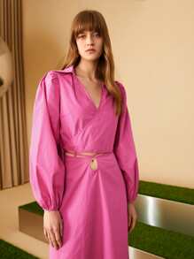 SHEIN VCAY Solid Wrap Tie Front Puff Sleeve Blouse - Hot Pink - View 1