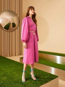 SHEIN VCAY Solid Wrap Tie Front Puff Sleeve Blouse - Hot Pink - View 3