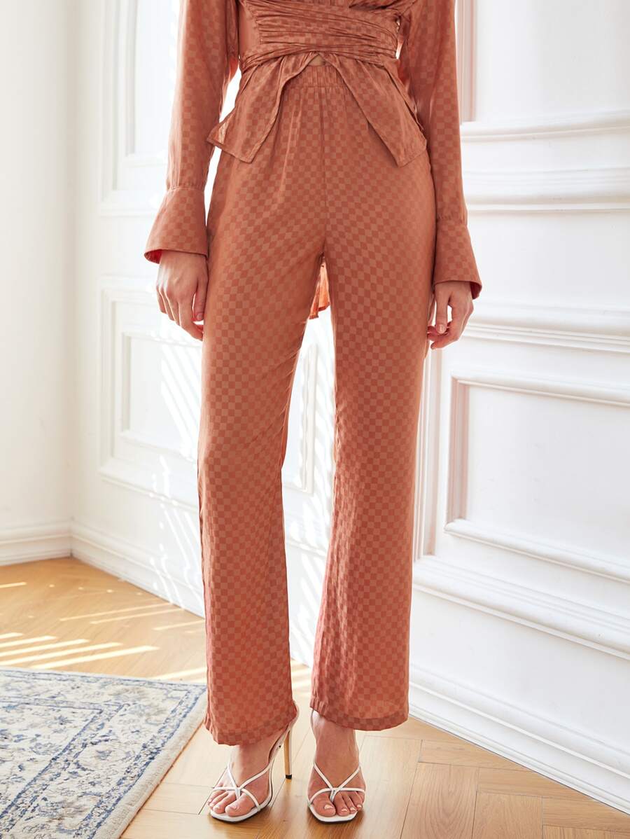SHEIN Checker Print Straight Leg Pants - Orange - View 1