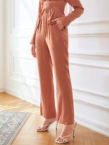 SHEIN Checker Print Straight Leg Pants - Orange - View 5
