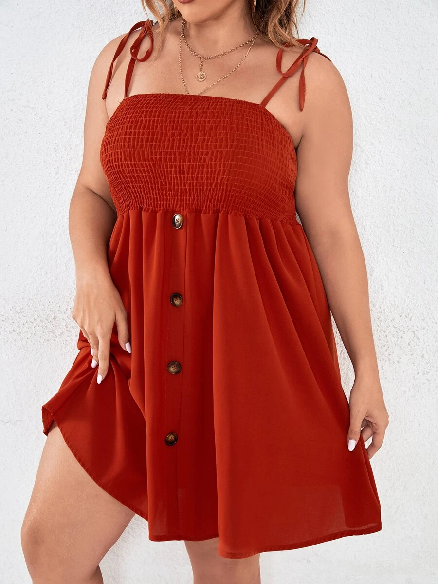 大碼前紐扣打褶肩部打結吊帶連衣裙 - 亮橙色 - 查看 1