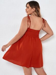 大碼前紐扣打褶肩部打結吊帶連衣裙 - 亮橙色 - 查看 2